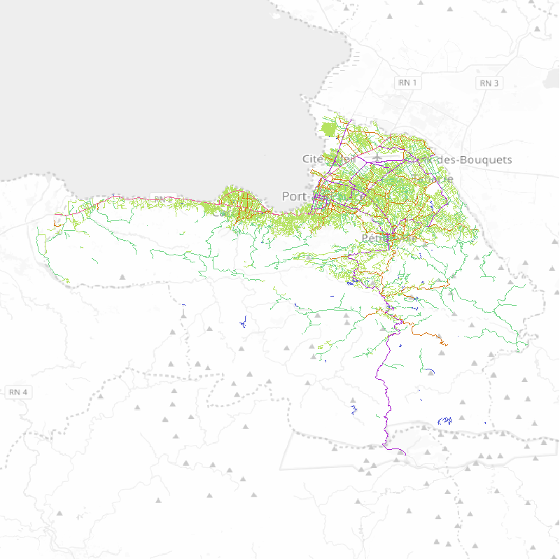 Port-au-Prince data, rendered using QGIS using portauprince_ways table, colored based on priority values in configuration xml file